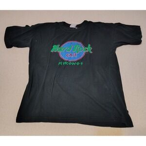 Vintage 90's Hard Rock‎ Cafe Mykonos T Shirt Graphic Tee Black Souvenir Medium